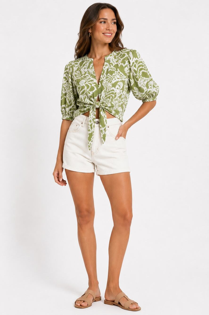 Rose + Olive Tie Front Blouse Puff Sleeve Floral Print Coastal Granny S NWOT